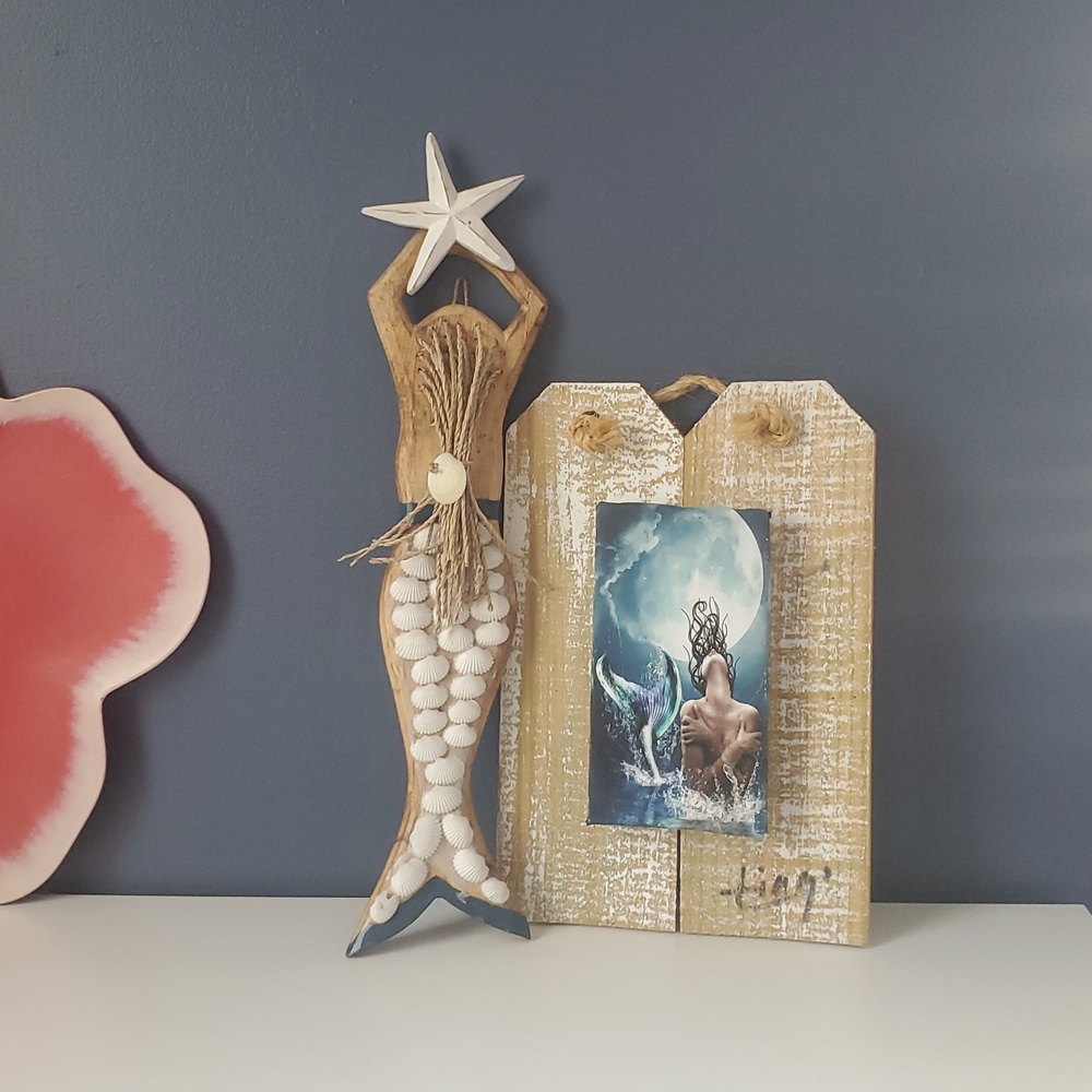 Nautical Mermaid Wall Décor Set Seashell Canvas Coastal Room Accents